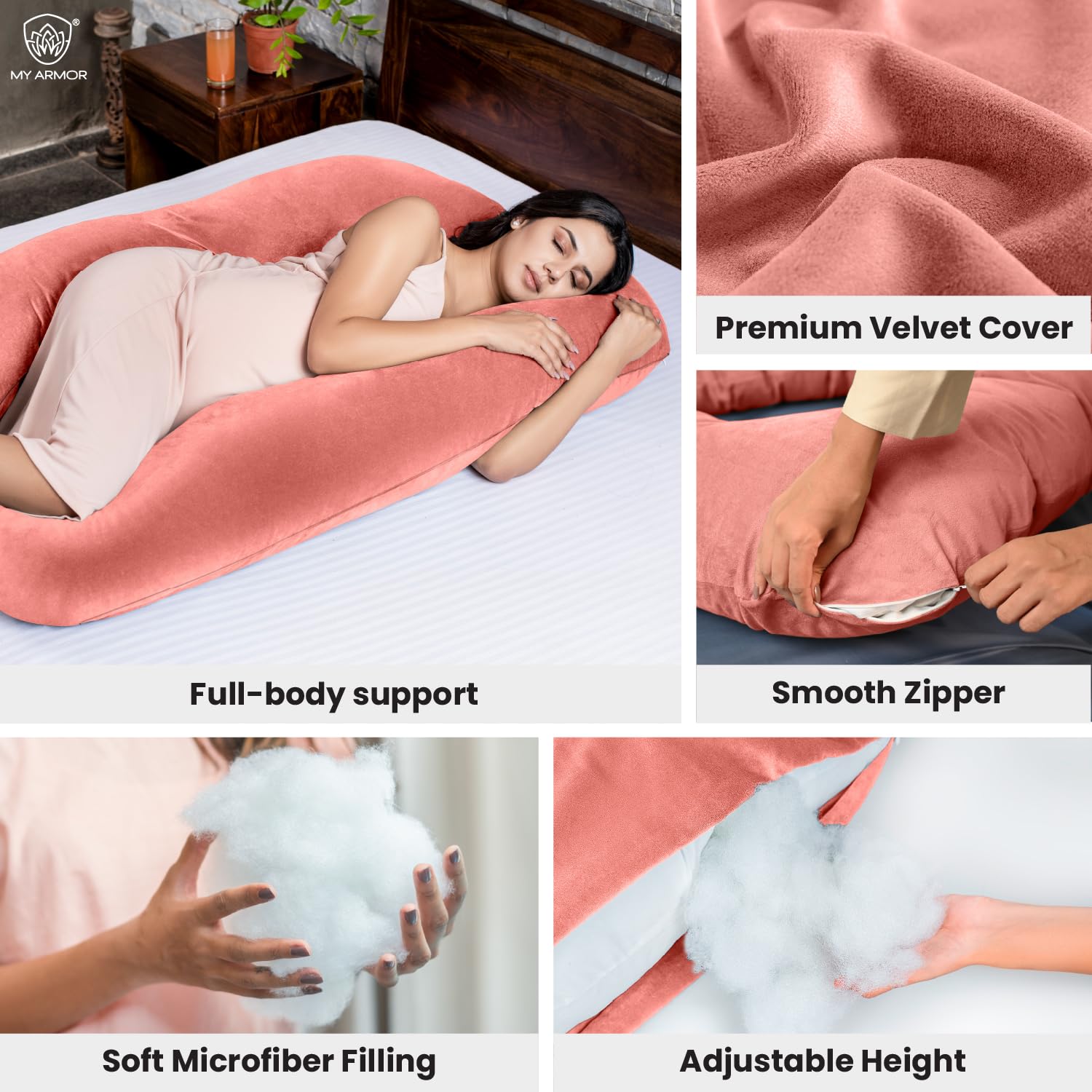 Full Body U Shape Pregnancy Pillow For Women, Maternity Pillow, Peach Color | Abdomen, Hip, Spine, Neck & Head Support Cushion For Pregnant Women | Premium Velvet Outer Cover With Zip