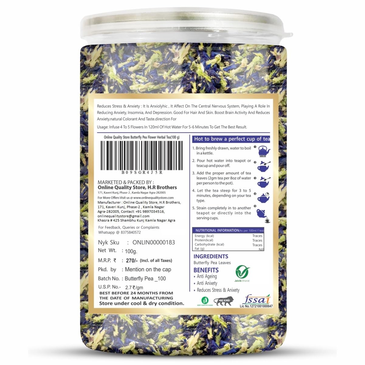 Online Quality Store Butterfly Pea Flower Herbal Tea - 100gm, 3.5 Ounce | Organic Pure Dried Flower Tea - Good For Hair & Skin | Caffeine Free - Steep As Hot Or Iced Tea