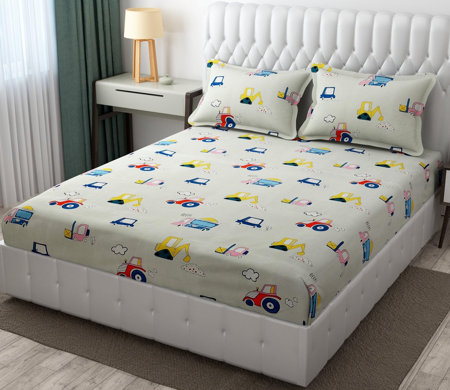 Wrinkle Free Soft Kids Double Bedsheets For King Size With 2 Pillow Cover | 90 X 95 Inches, Cream | Cartoon Printed Design | Child Bedroom Decor