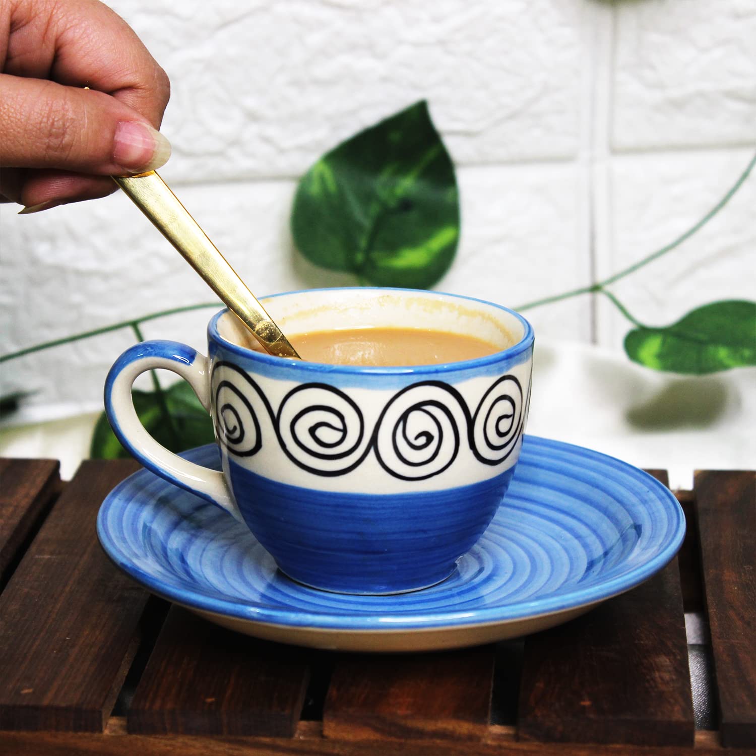 Blue Swirl Ceramic Cups & Saucers Set Of 6 | Tea Cup Set Of 6 Cups + 6 Saucers For Tea, Coffee, Hot Drinks - 12 Pieces, 150ml, Microwave Safe