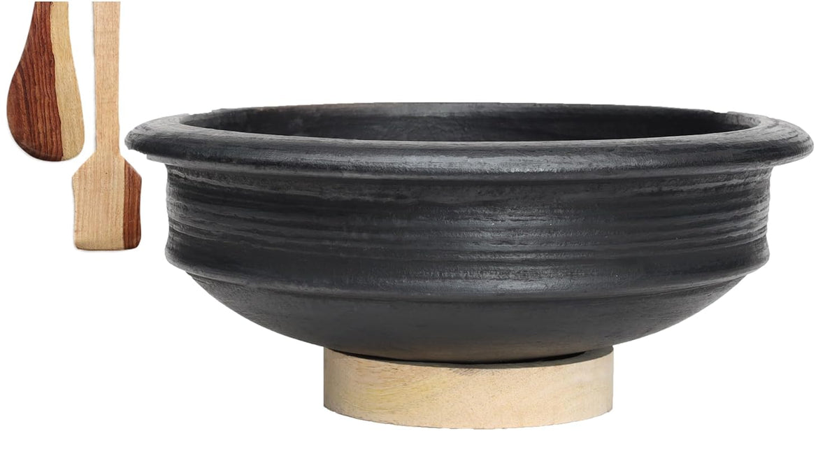 Deep Burned Uncoated Clay Pot Or Mitti Handi With 2 Spatulas Complimentary For Cooking & Serving - Black, 1 Liter | Pre-Seasoned Mud Pot - Unglazed, Double Fired, Hand Crafted