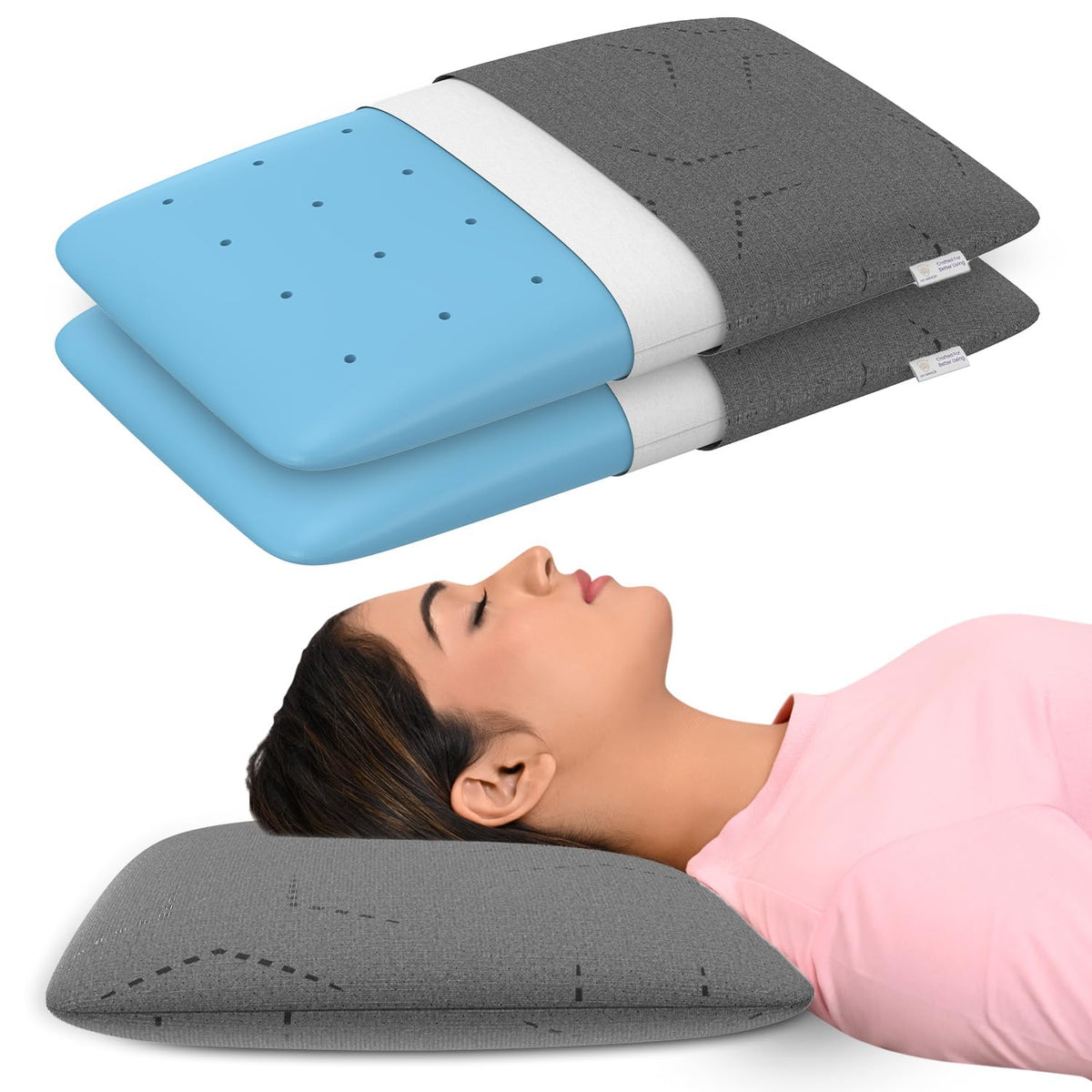 Cooling Gel Memory Foam Pillow For Neck & Shoulder Pain, Thin Size - 4 Inch | Orthopedic Pillow For Sleeping, Washable Grey Pillow Cover | Lightweight, Adjustable - Pack Of 2