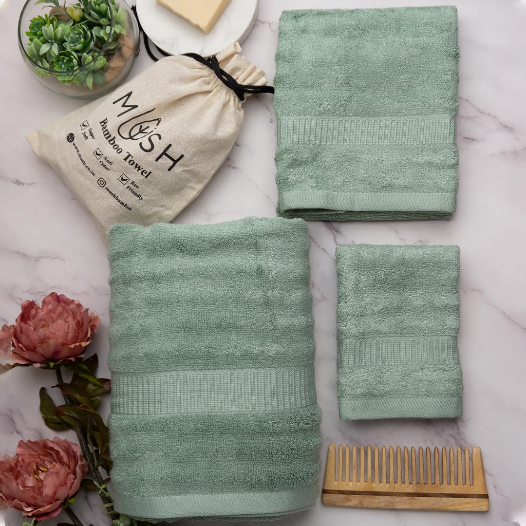 Mush Bamboo Luxurious 2 Bath + 2 Hand & 2 Face Towel 1800 Gsm | Ultra Soft, Absorbent & Antimicrobial Towel (Olive & Pink) -6 Piece