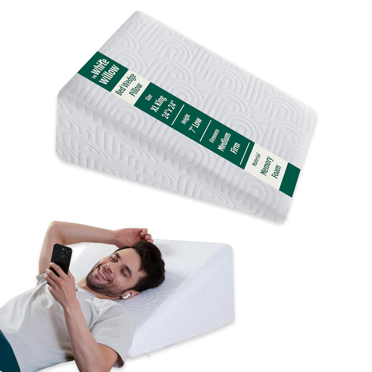 Bed Wedge Pillow For Sleeping, Leg Elevation Memory Foam Pillow - XL King Size - 24 L X 24 W X 7 H Inch | White Low Pillow With Removable Cover | Eco-Friendly, Compressible, Pain Relief