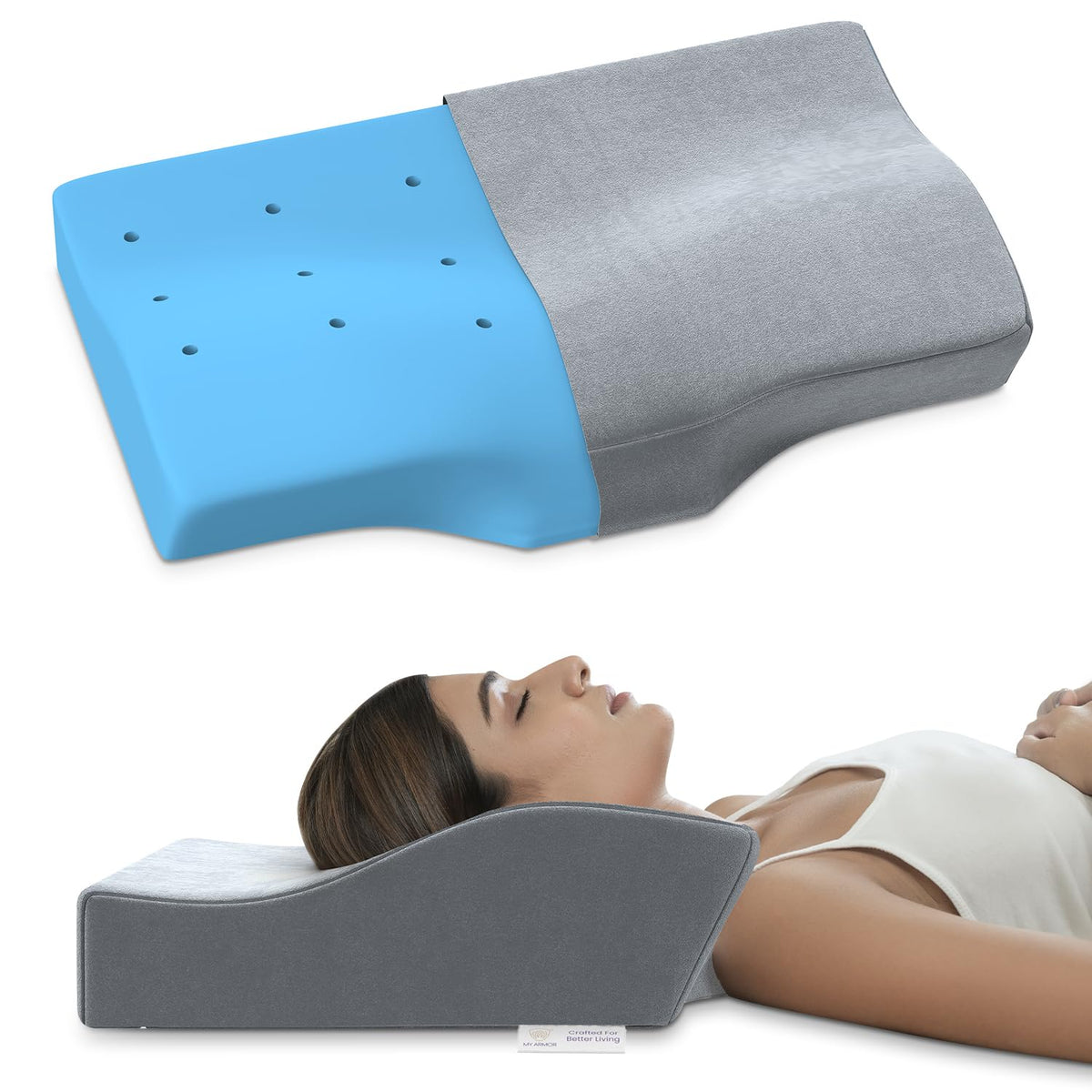 Cool Gel Cervical Pillow For Neck Pain & Shoulder Pain, Standard Size - 4 Inch | Spondylitis Neck, Orthopedic Memory Foam Pillow For Sleeping, Dual Height, With Washable Grey Velvet Cover
