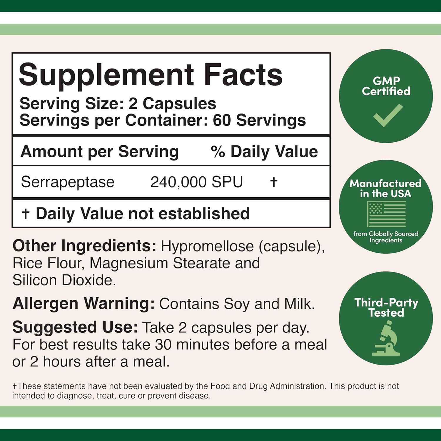 Serrapeptase 240,000 Spu Max Potency Proteolytic Enzyme For Sinus, Respiratory And Joint Health, Non - Gmo, Gluten Free | 120 Veggie Capsules, 200gm 0.4lbs