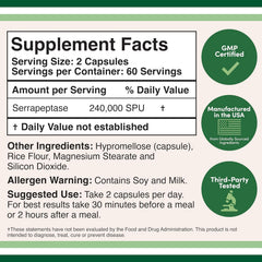 Serrapeptase 240,000 Spu Max Potency Proteolytic Enzyme For Sinus, Respiratory And Joint Health, Non - Gmo, Gluten Free | 120 Veggie Capsules, 200gm 0.4lbs