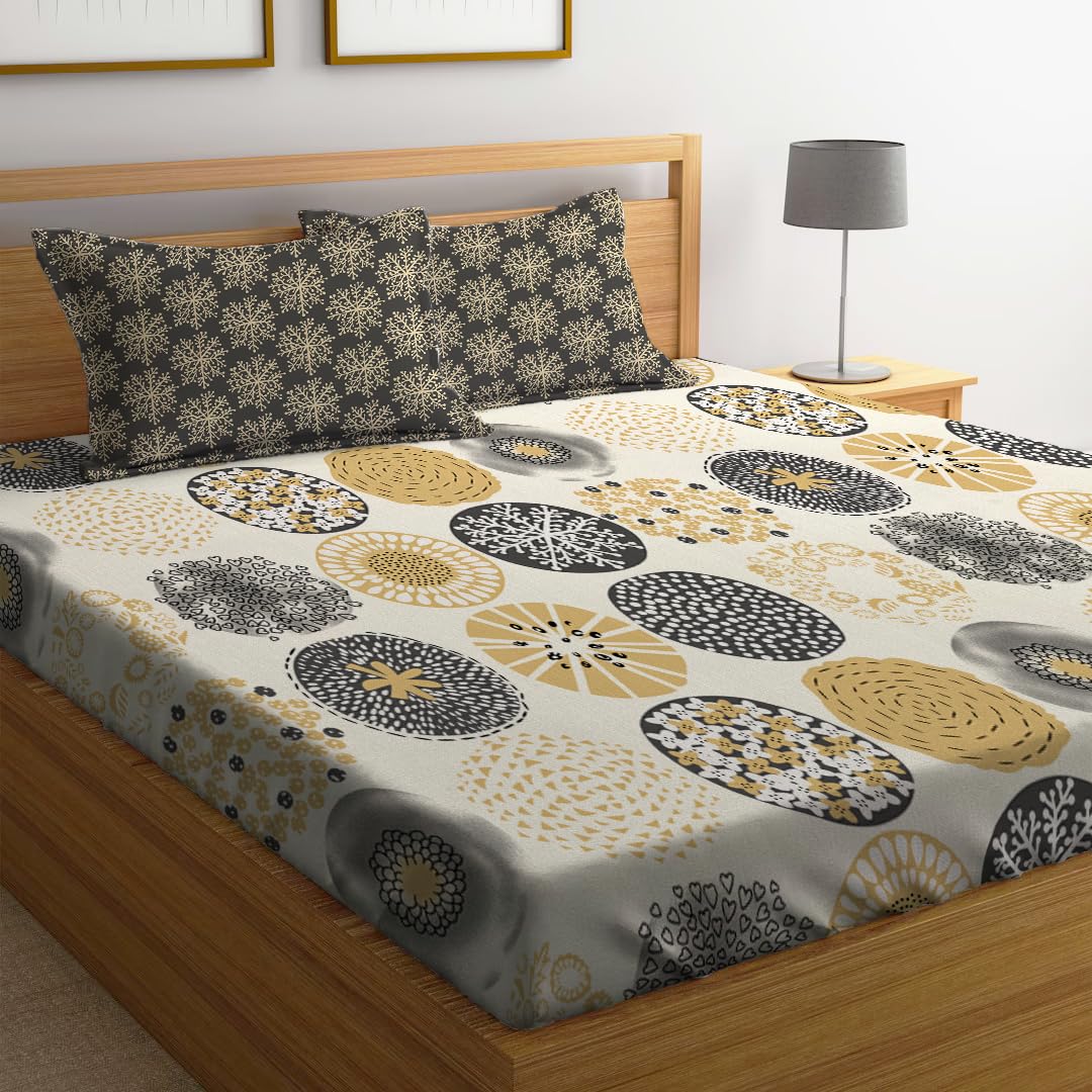 Super King Size Bedsheet For Double Bed With 2 Pillow Cover - 108 X 108 Inches, Beige & Black | Handcrafted Using Traditional Techniques | Perfect For Gifting Anniversaries, Birthdays