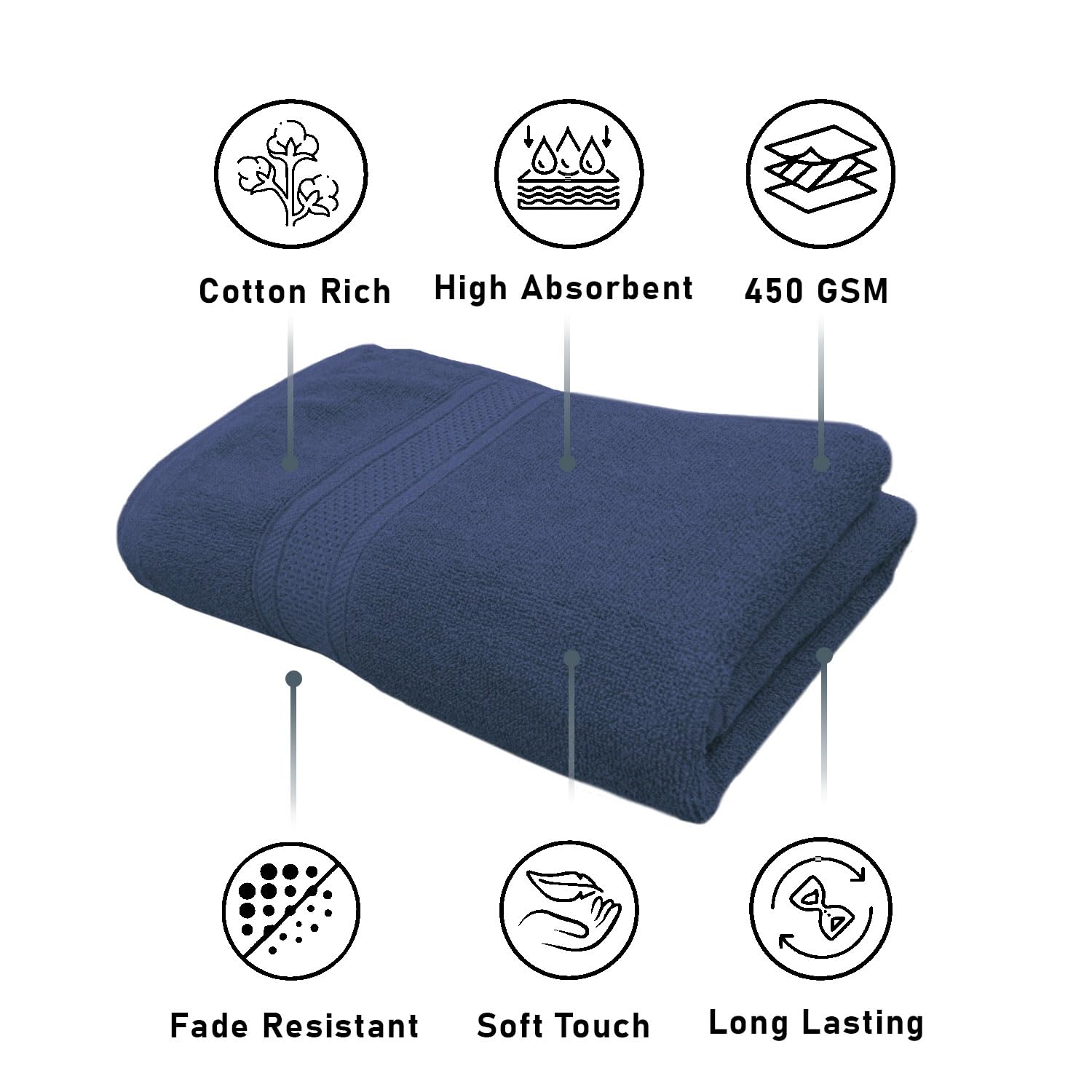 Luxe Home Cotton Bath Towel 450 Gsm | Quick Dry Large Size Bathroom Towels For Men & Women, Home, Kitchen, Gym, Spa (Navy Blue)