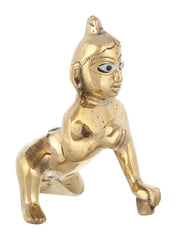 Laddu Gopal Idol, Bal Gopal, Thakur Ji Ashtadhatu Murti, Golden, Brass - 3 Inch, Handmade In India, Janmashtami Special For Home Temple, Great Gift Option, God Idol