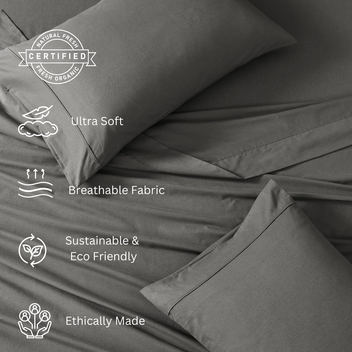 1 Elastic Fitted Bedsheet For Super King Size & 2 Pillow Cover - 72 X 78 Inches, Charcoal | Durable & Fade Resistant | Pure Comfort Of Organic Cotton
