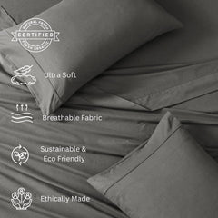1 Elastic Fitted Bedsheet For Super King Size & 2 Pillow Cover - 72 X 78 Inches, Charcoal | Durable & Fade Resistant | Pure Comfort Of Organic Cotton