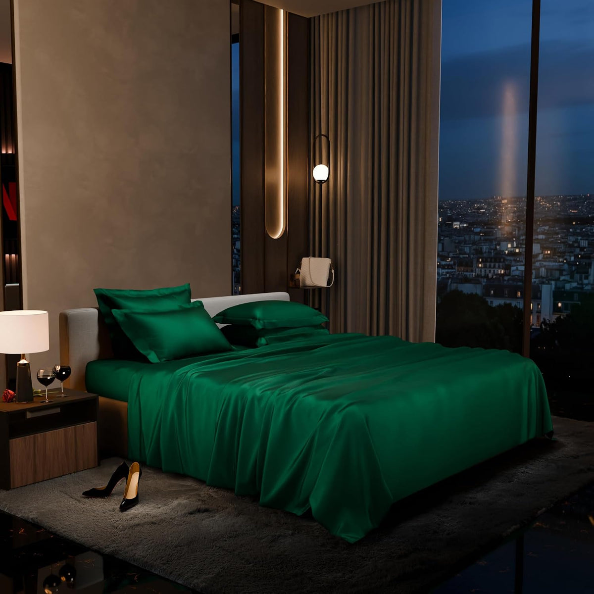 Bedding Set 1 Bedsheet King Size With 4 Pillow Cover - 108 X 108 Inches, Emerald Green | Wedding, Bedroom, Date Night Collection | 300 Thread Count
