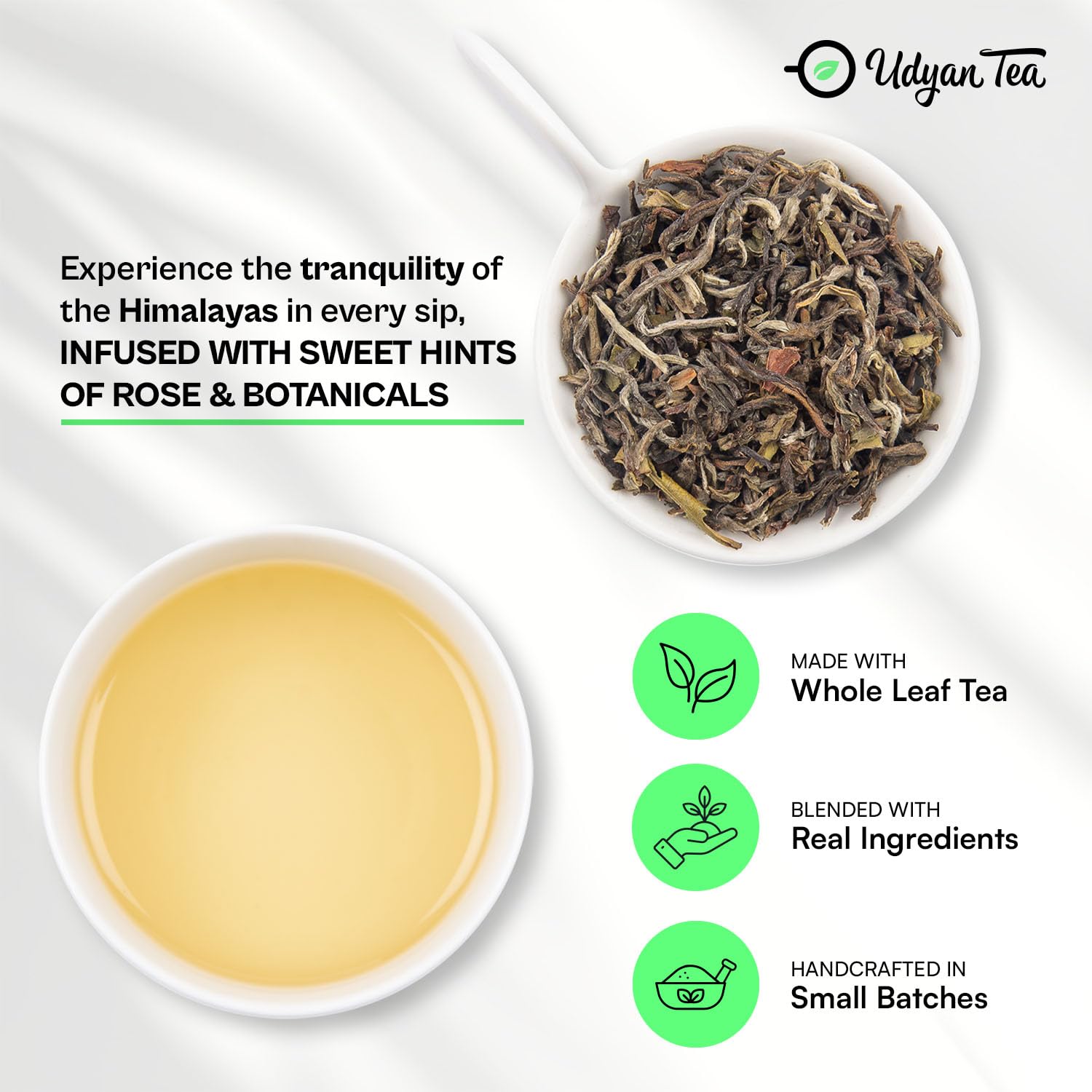 Udyan Tea Himalayan Mist White Tea - 100gm, 3.5 Ounce, 50 Cups | Fresh Loose Leaf White Tea For Healthy Skin - Handcrafted With Sweet Rose & Botanical Notes | Antioxidant Rich, Low Caffeine