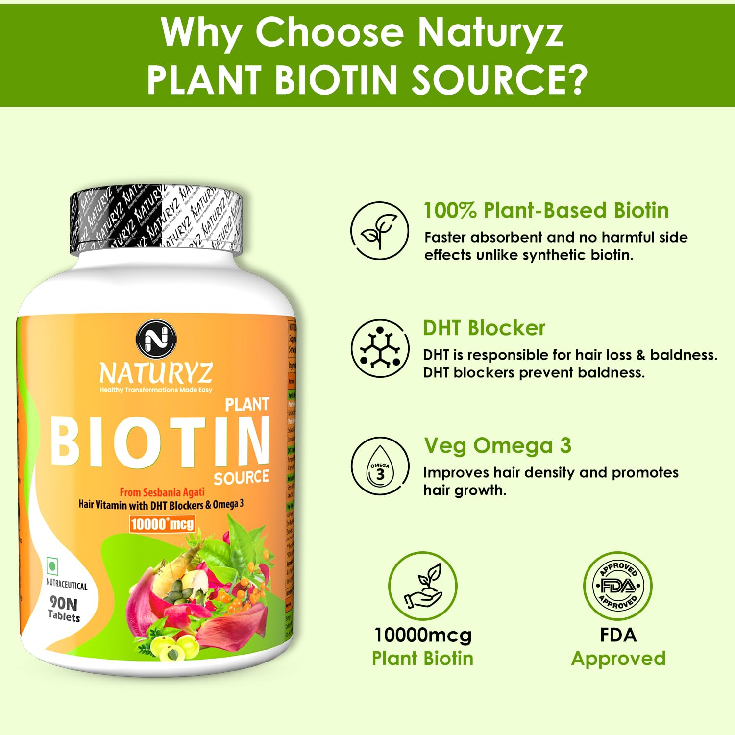 Naturyz 100% Plant Based Biotin Tablets With High Protein Vitamin Dht Omega 3 For Strong Hairs, Nails Growth & Glowing Skin | 90 Tablets , 150gm 0.3lbs