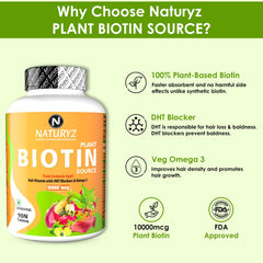 Naturyz 100% Plant Based Biotin Tablets With High Protein Vitamin Dht Omega 3 For Strong Hairs, Nails Growth & Glowing Skin | 90 Tablets , 150gm 0.3lbs