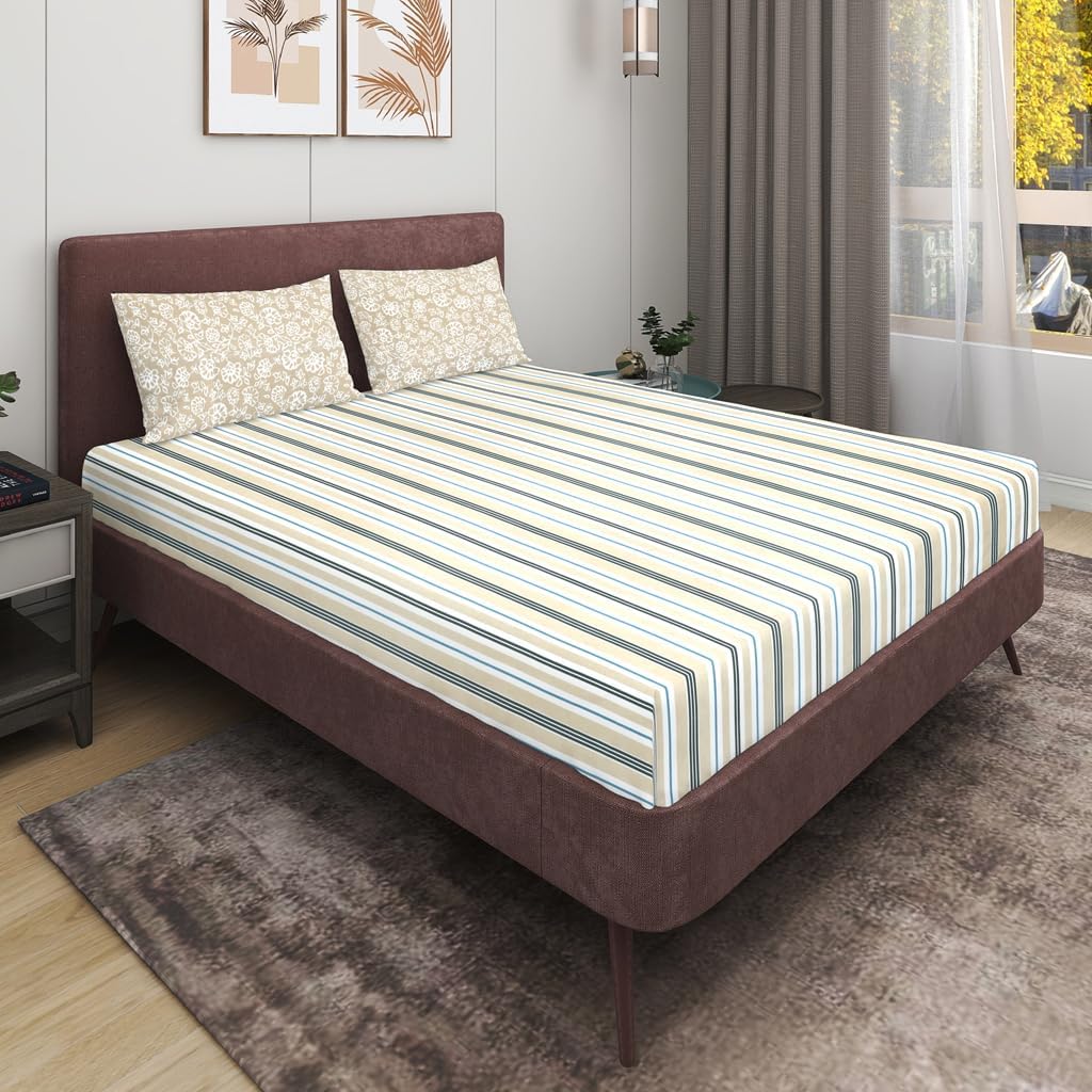 Elastic Fitted Bedsheets For King Size Bed With 2 Pillow Covers - 100 X 108 Inches, Beige | Ideal For Hotel, House, Guest House