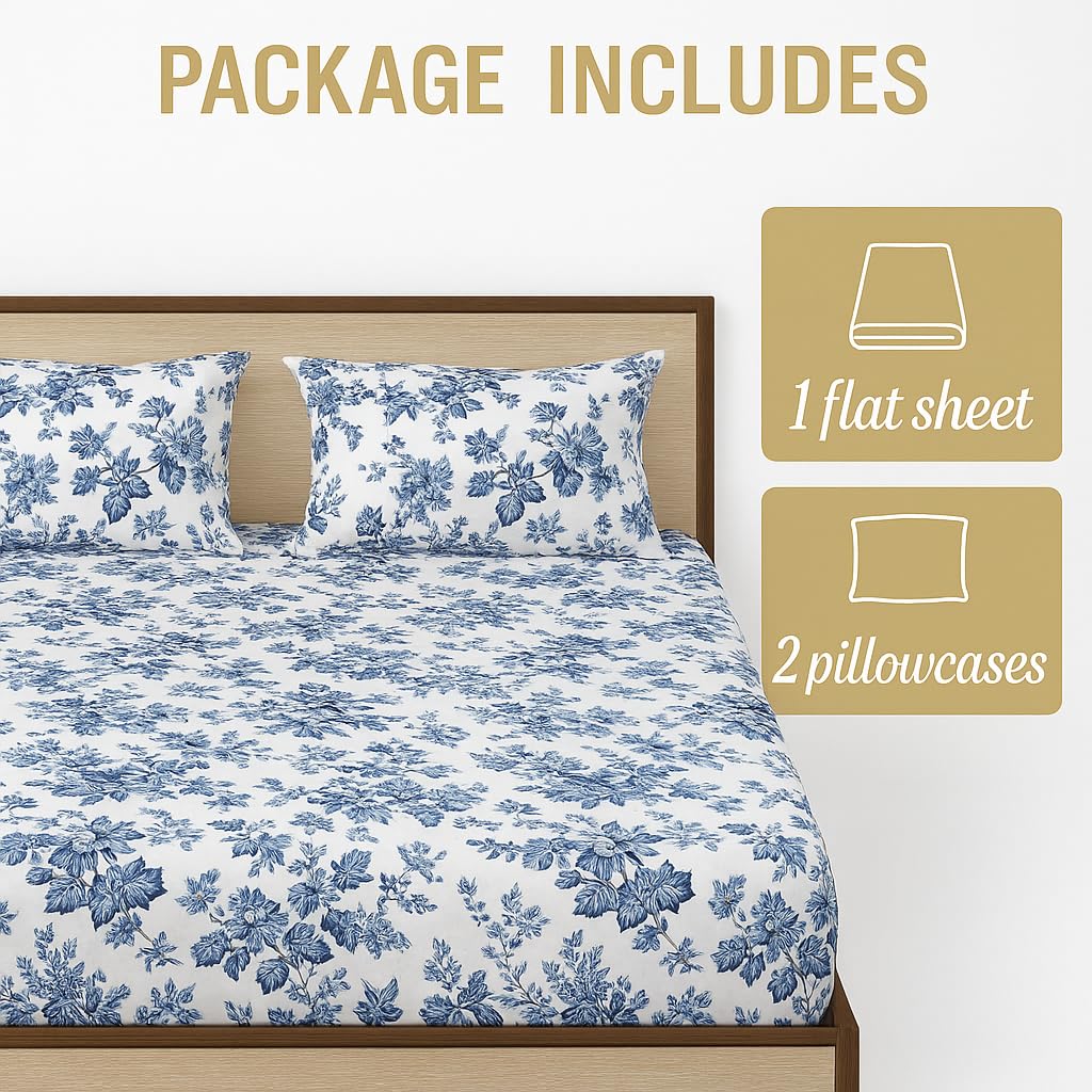 Double Bedsheet Set With 2 Matching Pillow Cover Elegant Floral Design - Double Size 90 X 100 Inch, White Bedsheet | 110 Thread Count - Blue Floral Bliss Bedsheet