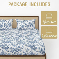 Bedsheet For King Bed With 2 Pillow Covers - King Size 108x108 Inch, White | Blue Floral Print Ultra Soft & Breathable Bedding Set