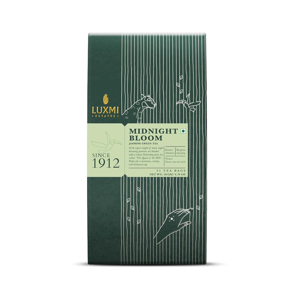 Luxmi Estates Midnight Bloom Jasmine Green Tea - 50gm, 1.7 Ounce, 25 Tea Bags | USDA Certified Organic Tea - Low Caffeine Green Tea | Additives Free Darjeeling Green Tea