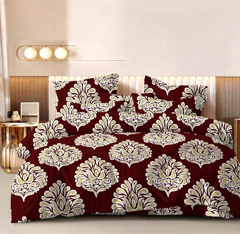 Double Bedsheet For King Size With 2 Matching Pillow Covers - 108 X 108 Inches, Maroon | Glace Cotton Printed Bedsheet Lightweight, Soft & Smooth - Ideal For Home, Guest House