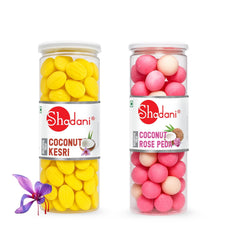 Shadani Combo Coconut Rose Peda & Coconut Kesri Peda | Premium Indian Sweets Festive Gifting & Dessert Treat | 2 X 200gm, Jars