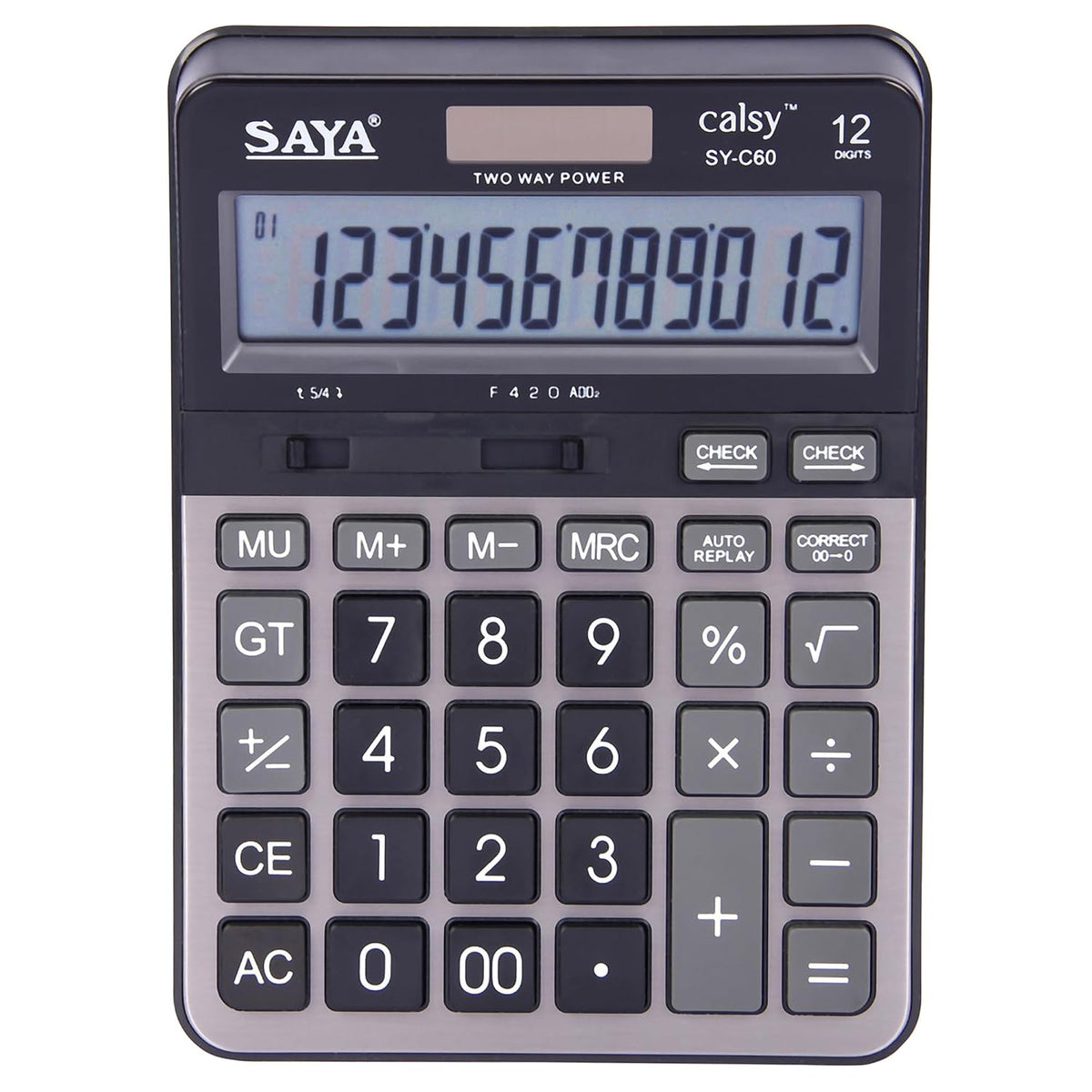 Saya Premium Desktop Calculator | 12-Digit Display, Dual Power, Check & Correct Function, Metal Face Plate | Ergonomic Design For Office & Business Use | 3-year Warranty