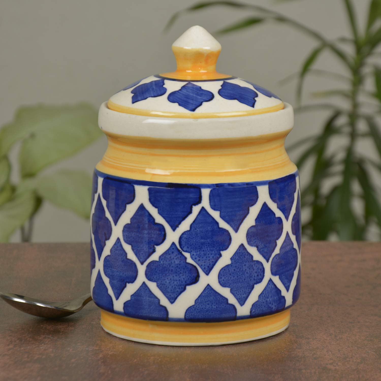 Hand Painted Ceramic Jar (Burni) With Lid 1000ml - Blue & Yellow | Ceramic Multi-Utility Storage Jar - Pickle Storage Jar