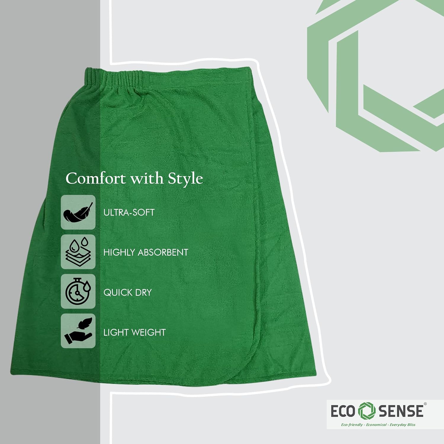 Eco Sense Body Wrap Bath Towel 300 Gsm With A Free Hair Wrap Towel- Adjustable, Soft, Super Absorbent To Quick Drying - Microfibre (Natural Green)