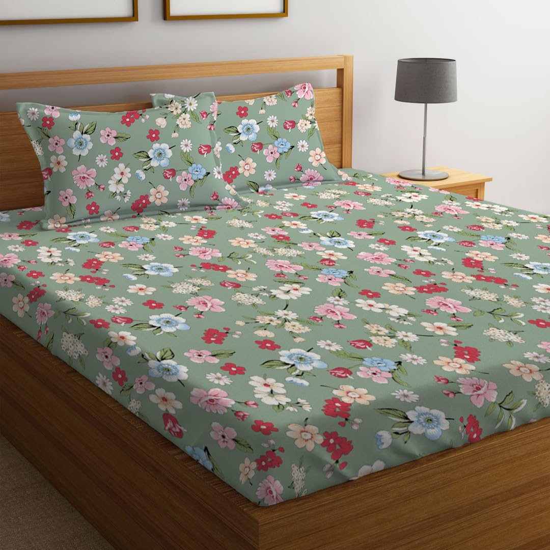 Double Bed Bedsheet With 2 Pillow Covers - 72 X 78 X 10 Inches, Green & Red | Elastic Fitted Printed King Size Bedsheet | Soft, Breathable & Wrinkle-Free