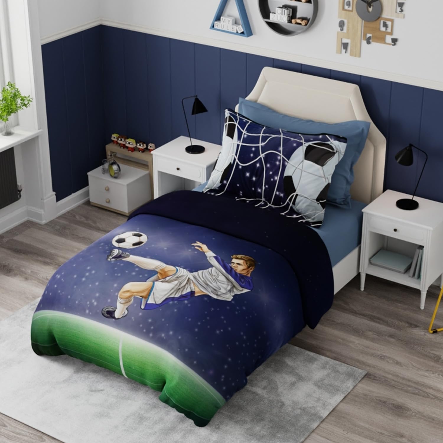 Kids Bedsheet Single Bed With 1 Pillow Covers Football Design - 59x87 Inches, Blue | Fun & Colorful Bed Sheet Set - For Boys & Kids Room