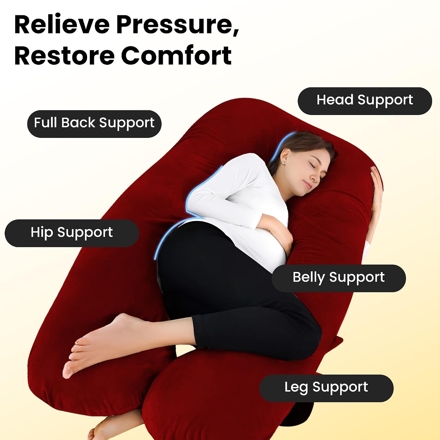 U Shape Full Body Pillow, Pregnancy Pillows For Sleeping, Maroon Color | Maternity Pillows For Back, Hips, Legs, Belly | For Pregnant Women With Removable, Washable Velvet Cover, Adjustable