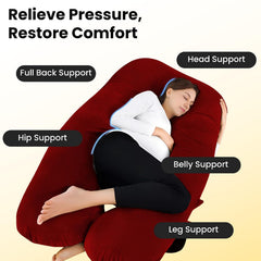 U Shape Full Body Pillow, Pregnancy Pillows For Sleeping, Maroon Color | Maternity Pillows For Back, Hips, Legs, Belly | For Pregnant Women With Removable, Washable Velvet Cover, Adjustable
