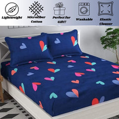 Elastic Fitted Bedsheet For Double Bed With 2 Pillow Cover - 60 X 78 Inches, Dark Blue | Super Soft Brushed Durable Fabric