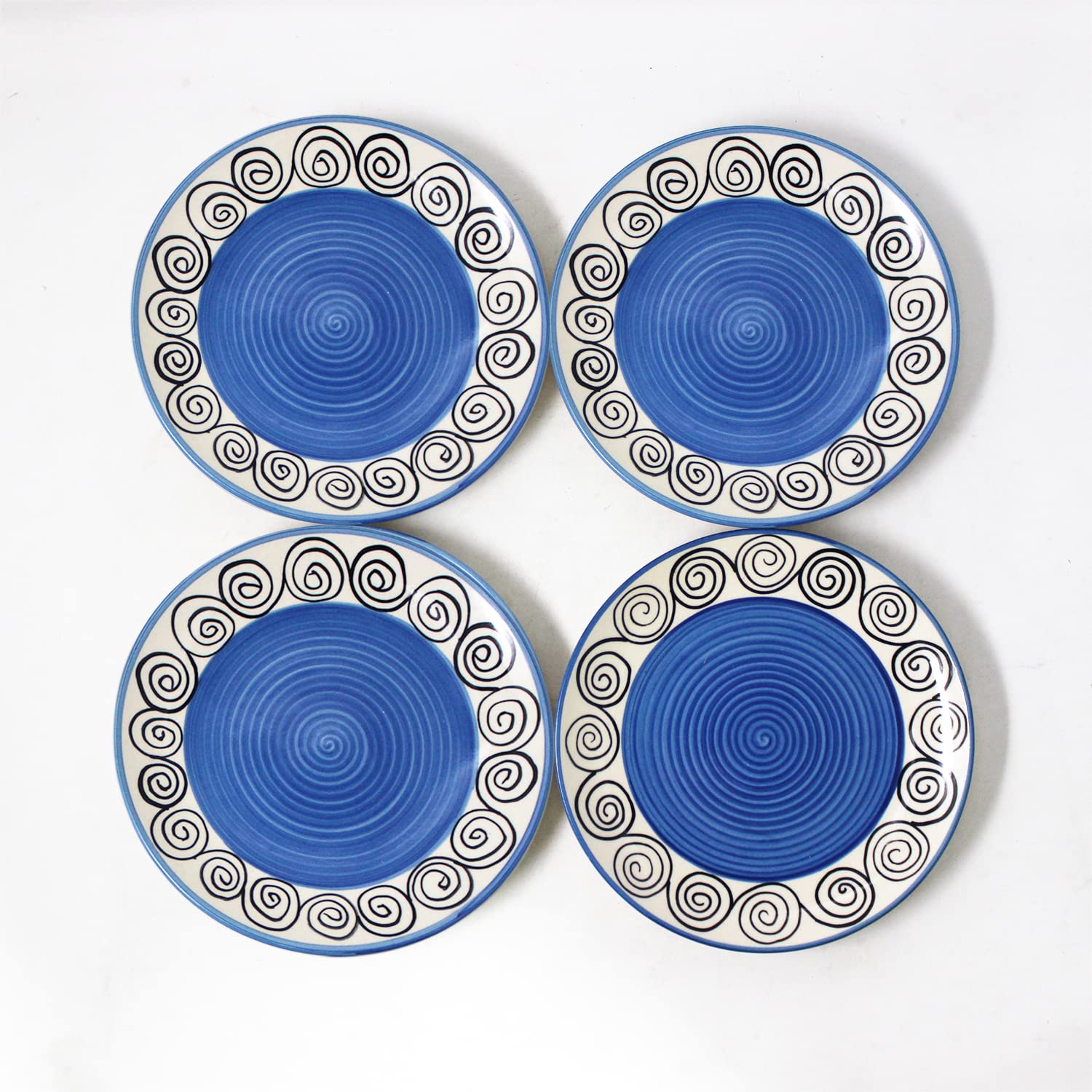 Hand Painted Blue Swirl Ceramic Quarter Plates Set Of 4 | Small Side Plates For Dinner & Snacks - 7 Inch, 4 Pieces, Microwave Safe