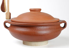 Deep Burned Uncoated Clay Pot With Lid & Handle Or Mitti Handi With 2 Spatulas Complimentary For Cooking & Serving - Red, 1 Liter | Pre-Seasoned Mud Pot - Unglazed, Double Fired, Hand Crafted