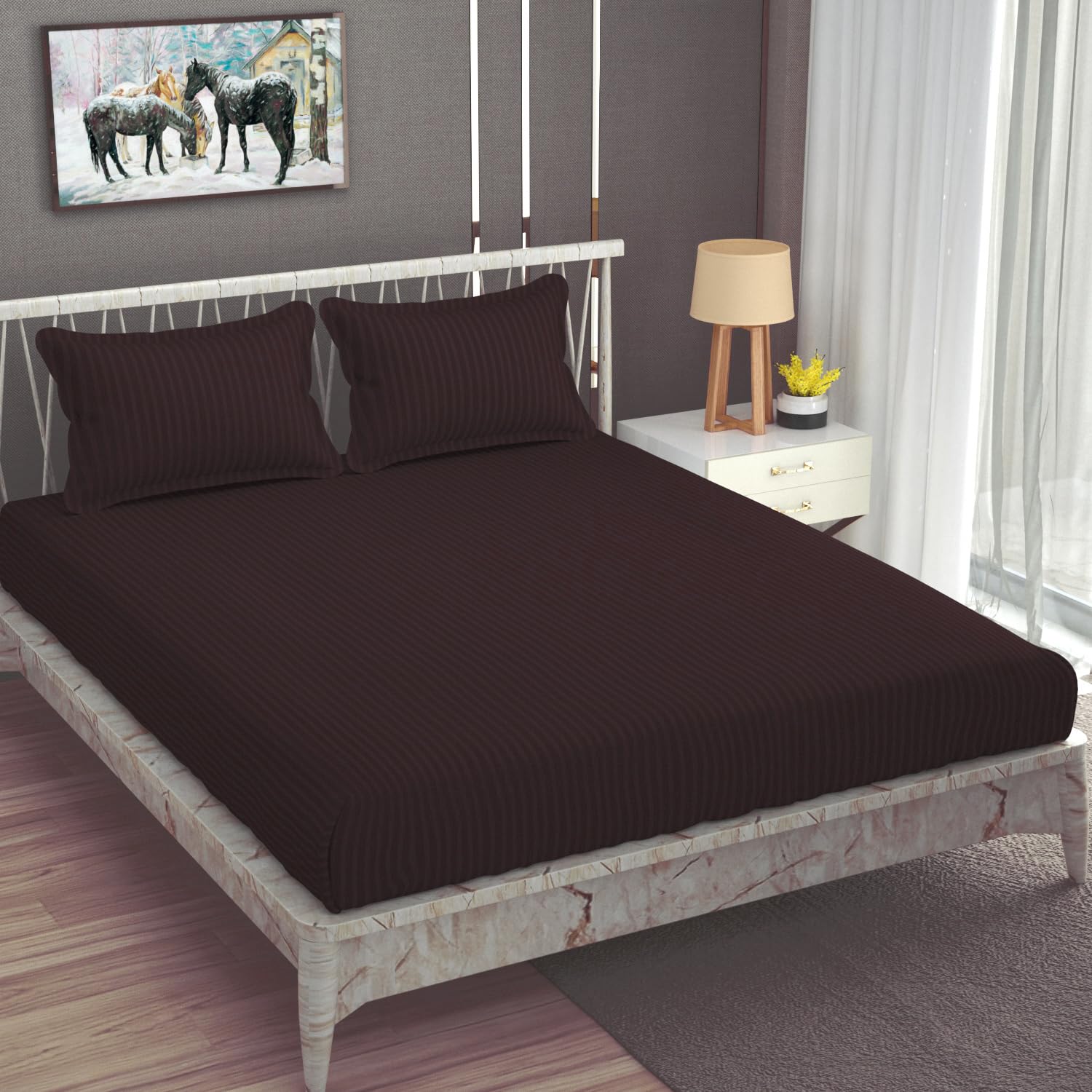 Stripe Glace Cotton 1 Double Bedsheet With 2 Pillow Cover - 91 X 90 Inches, Brown | Fade Resistant & Durable Breathable & Wrinkle Free Bed Sheet
