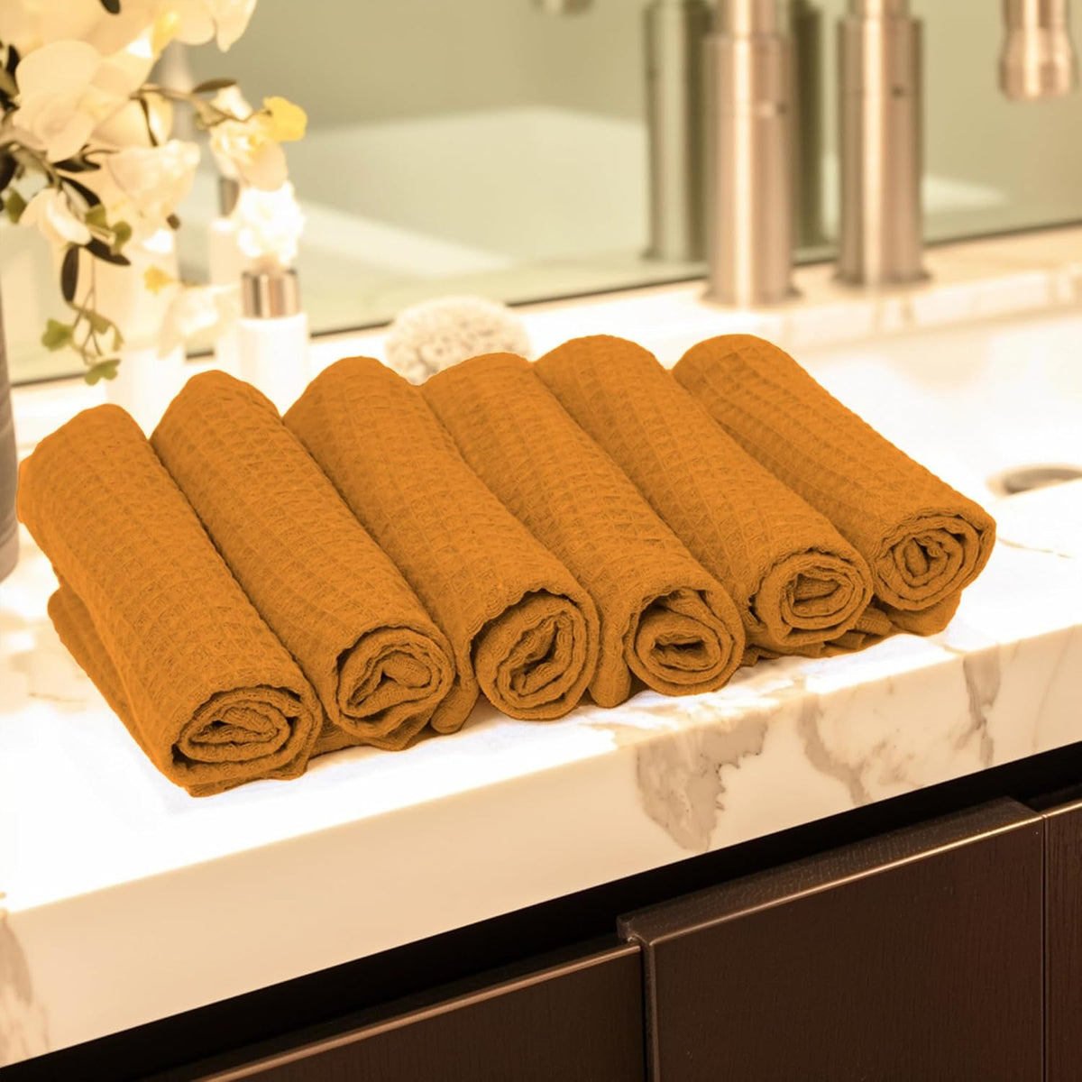 Encasa Xo Kitchen Hand Towels Set 150 Gsm | Waffle Weave & Flat Hand Towel | Quick Drying Reusable Cotton Washcloths | Set Of 6 (Gold)