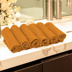 Encasa Xo Kitchen Hand Towels Set 150 Gsm | Waffle Weave & Flat Hand Towel | Quick Drying Reusable Cotton Washcloths | Set Of 6 (Gold)