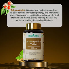 Neuherbs Ashwagandha Tablets 500mg For Men & Women Rich In Antioxidant, Boost Energy, Reduce Stress, Better Absorption & Support Sleep Cycle, Promote Overall Health | 60 Tablets 100gm 0.2lbs