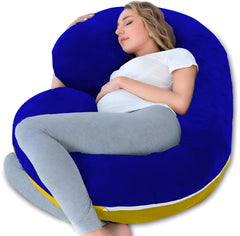C Shaped Pillow, Pregnancy Pillow For Maternity & Baby Nursing - Gold & Royal Blue | Pregnant Women Stomach, Spine, Neck Support, Velvet Outer Cover With Zip, Adjustable, Multipurpose Use