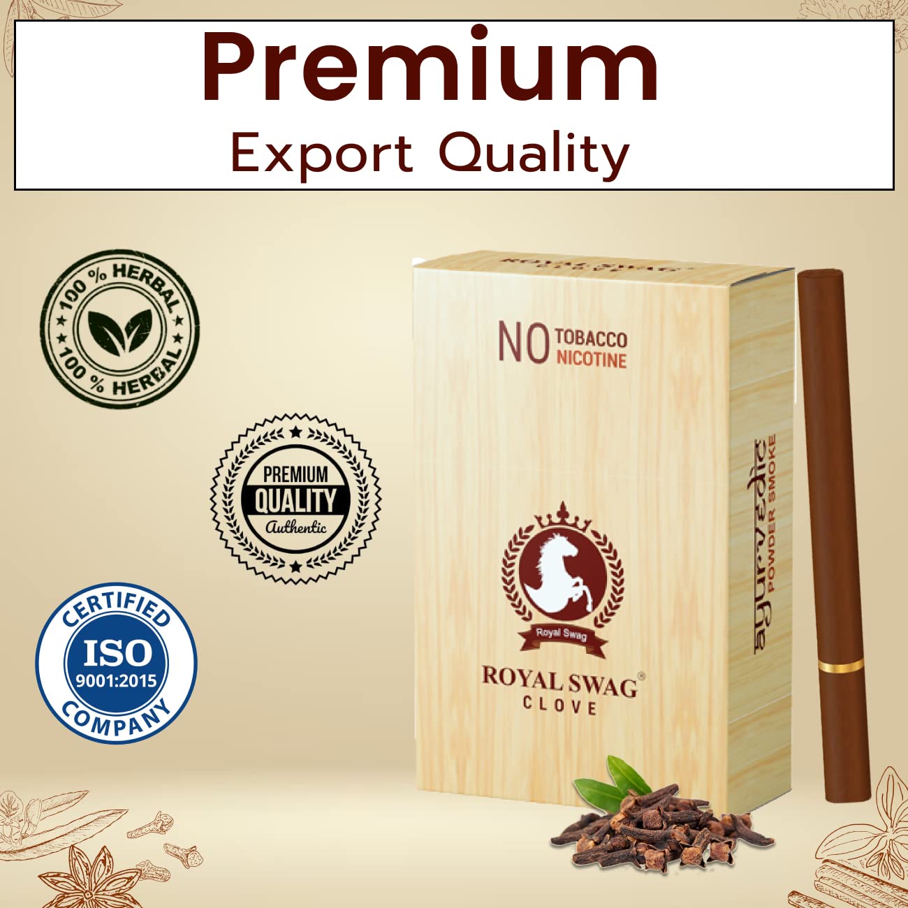 Royal Swag Herbal Cigarettes Clove Flavoured 60 Sticks | 100% Tobacco Free & Nicotine Free (Tobacco Alternatives) Herbal Smokes Made With Ayurvedic & Natural Herbs Pack Of 60