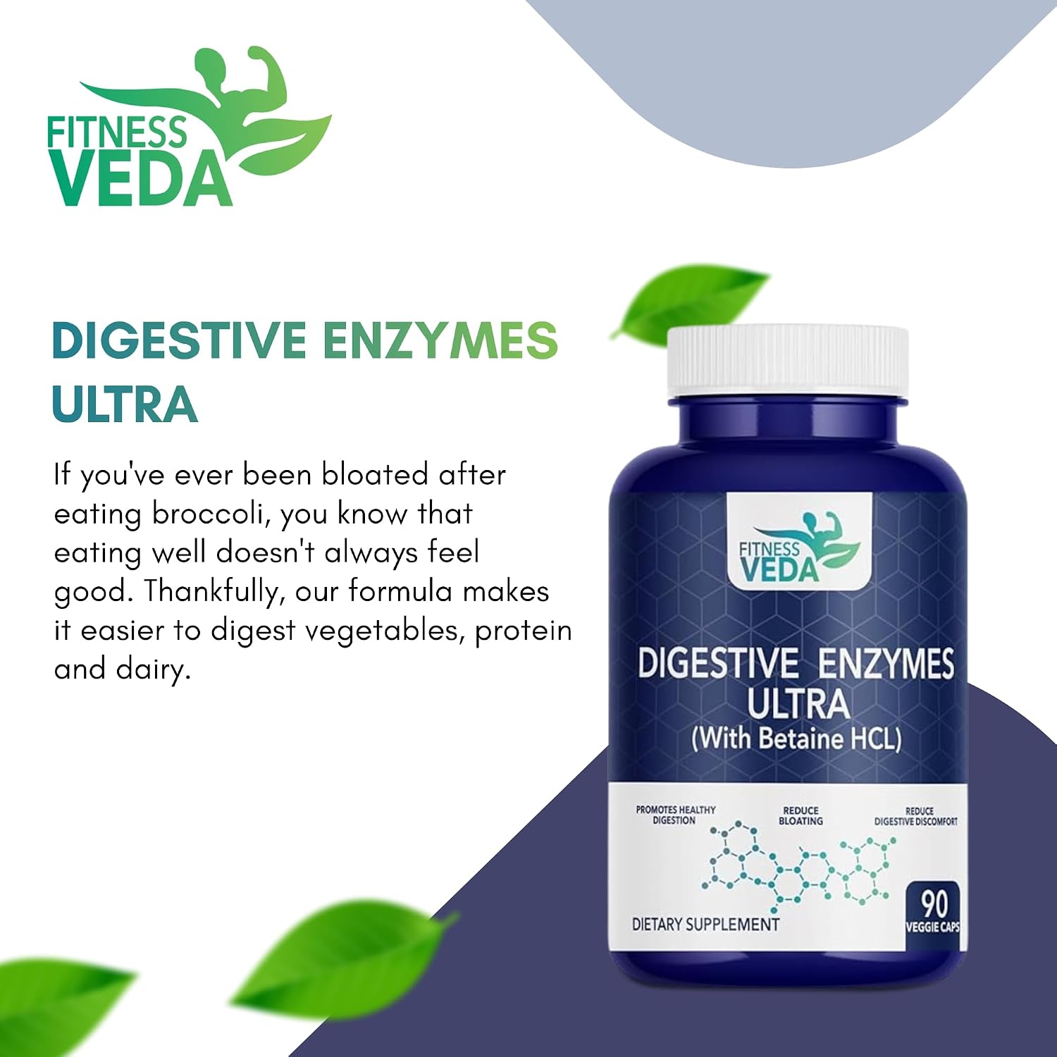 Fitness Veda Digestive Enzymes Ultra With Betaine Hcl - Full Spectrum Digestive Enzyme Supplement | 90 Capsules , 150gm 0.3lbs