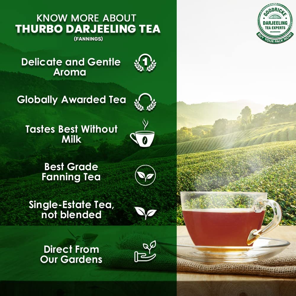 Goodricke Thurbo Fanning Darjeeling Tea - 250gm, 8.8 Ounce | Premium Black Tea With Long Lasting Taste & Aroma - 100% Pure & Original Loose Leaves Chai | Single Estate Whole Leaf Tea - Low Caffeine