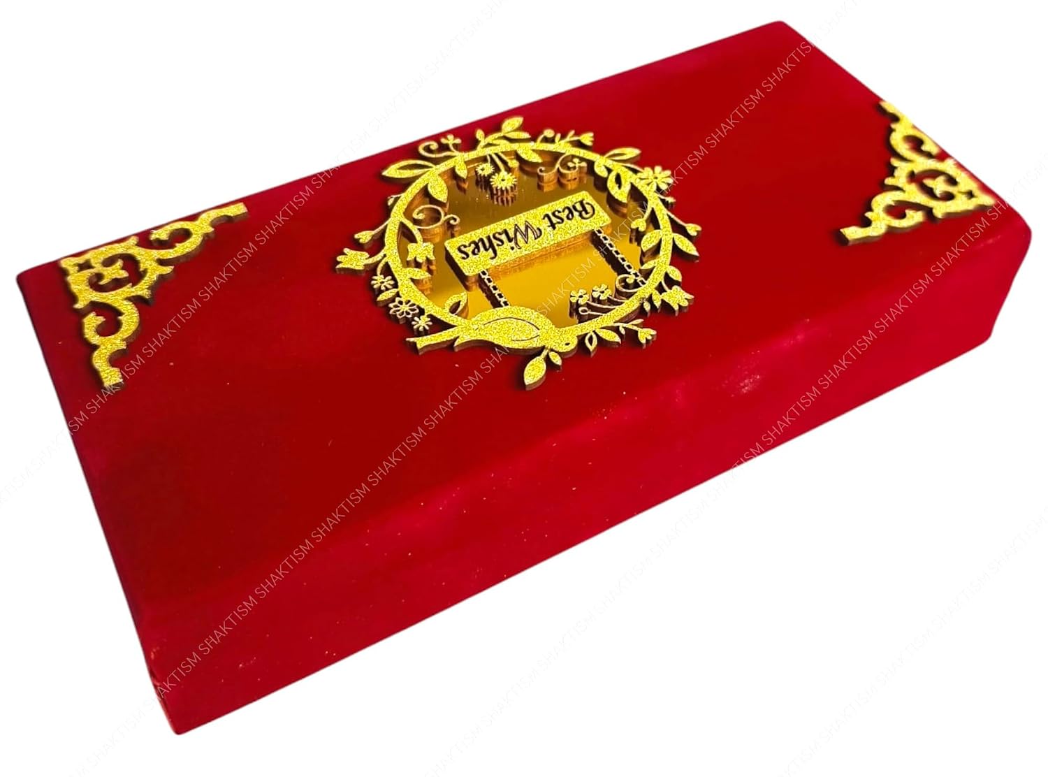 Best Wishes Decorative Cash Box With Clip Lock, Shagun Box, Jewellery Box, Money Box, Wedding Gift Box, Bangel Box, Designer Rectangular Floral Golden Box, Colour - Red