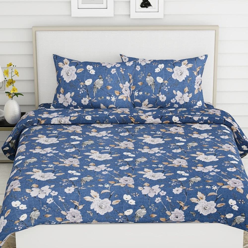 Bedsheet King Size 100% Pure Cotton Floral Sheet With 2 Pillow Covers | 108 X 108 Inches, Blue & White | Perfect For Gifting On Weddings, Housewarmings, Or Anniversaries