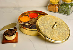 Premium Pure Brass Floral Etched Indian Spice Box For Kitchen With Spoon - 7 Containers, 120ml Each, Golden Color | Diameter - 8 Inches, Weight - 960gm | Peetal Masala Dani, Masala Dabba