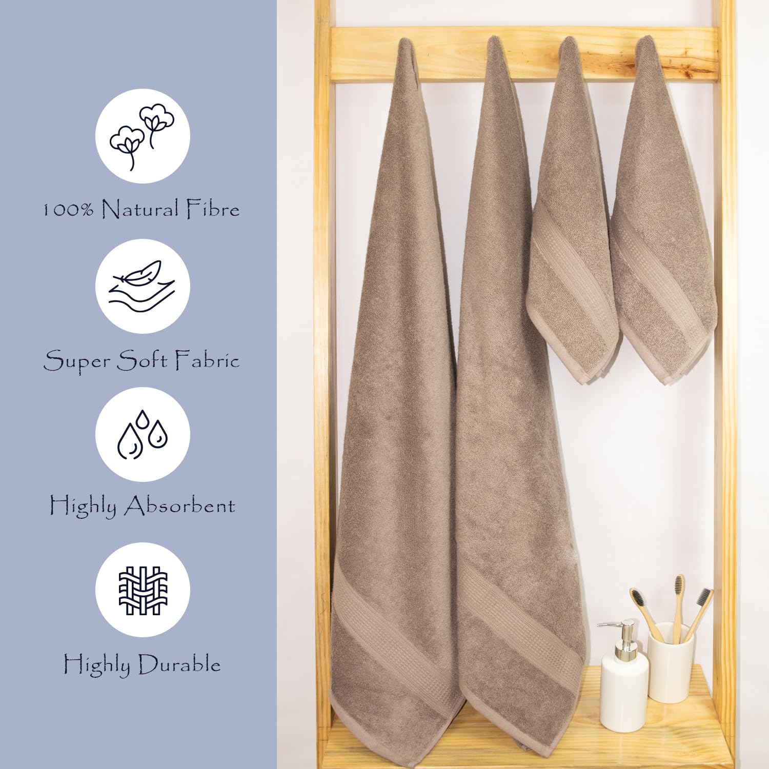 Rangoli 100% Cotton Fibre 2 Bath & 2 Hand Towel 1400 Gsm | Highly Durable & Super Absorbent Towel | Skin-Friendly & Quick Drying Luxury Towels (Beige) - Pack Of 4