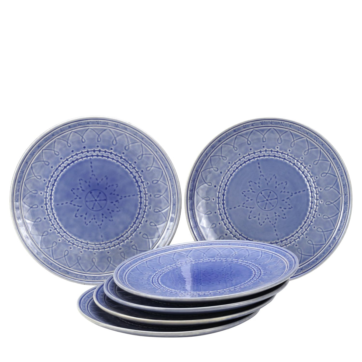 Ceramic Hand Glazed Large Embossed Dinner Plates Set Of 6 - 10.6 Inch, Mist Blue | Handcrafted Stoneware - Microwave Safe & Dishwasher Safe