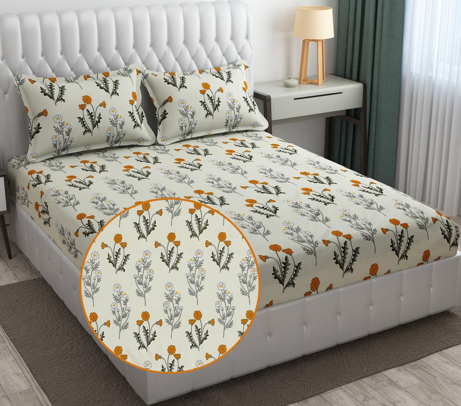 1 Elastic Fitted Bedsheet For King Size & 2 Pillow Covers - 78 X 72 Inches, Cream & Mustard | Elegant Floral Print Design & Skin-Friendly